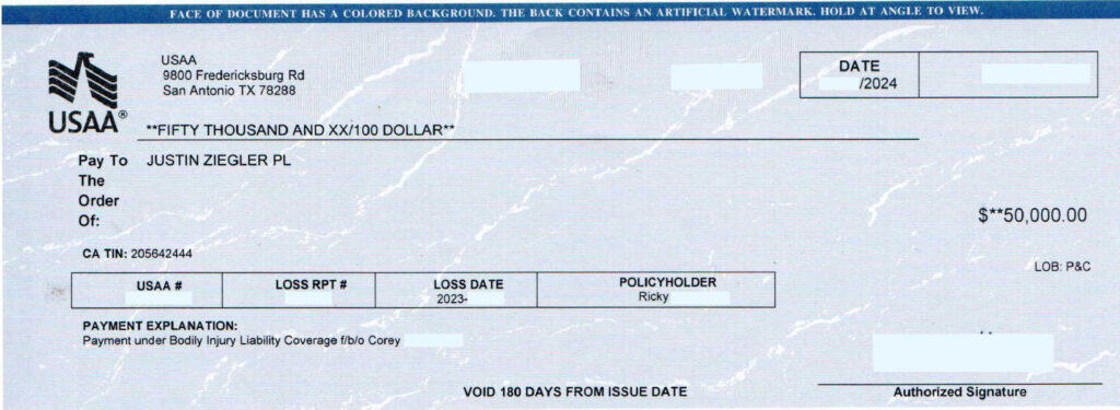 USAA $50,000 settlement check for bodily injury claim. 