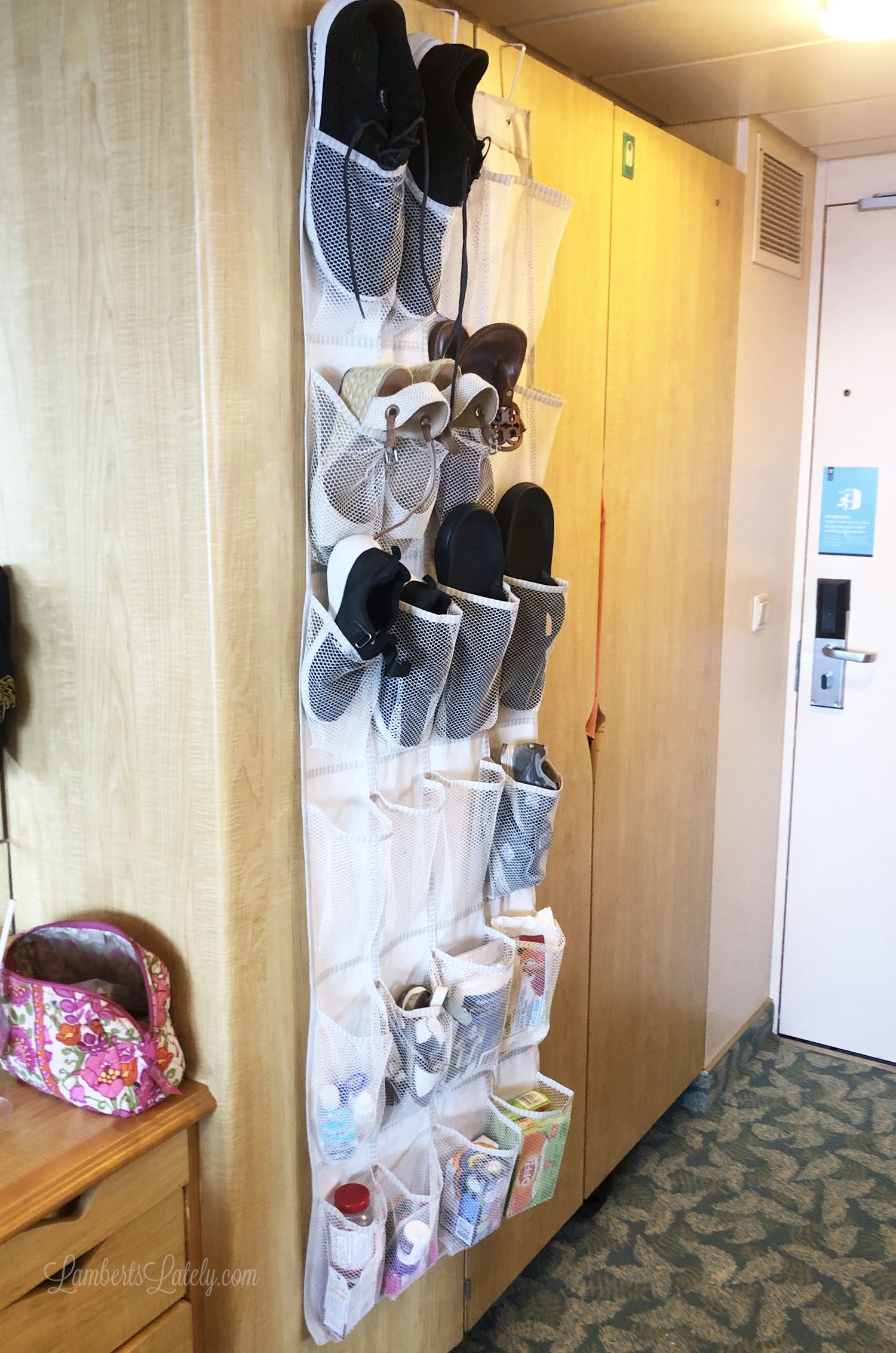 hanging shoe organizer on a cruise.