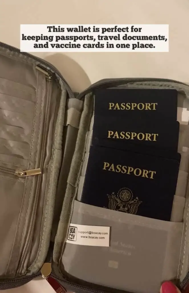 a passport wallet is great for keeping passports, travel documents, and vaccine cards all in one place.