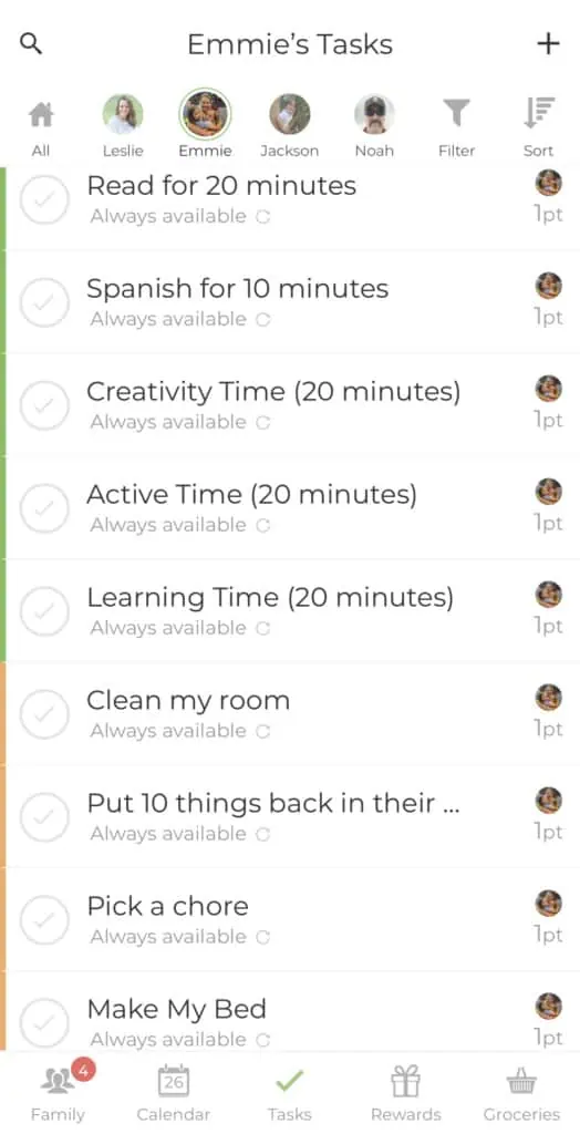 screenshot of our home app with chores.