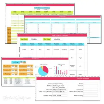 screenshots of a travel itinerary template from google sheets.