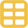 A yellow square with rounded corners featuring six horizontal gray rectangles arranged in two columns and three rows.