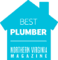 A blue house-shaped badge with the text "Best Plumber" and "Northern Virginia Magazine" in white capital letters.