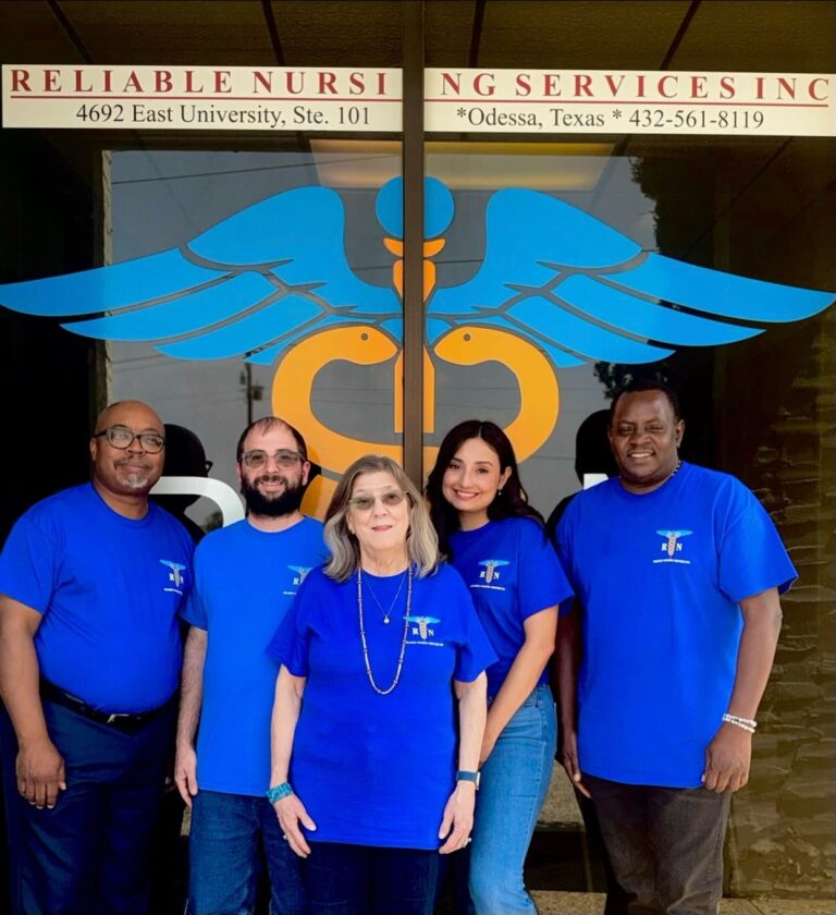 A group of team members from Reliablenursingservices stand together, looking friendly and ready to help in Odessa, TX.