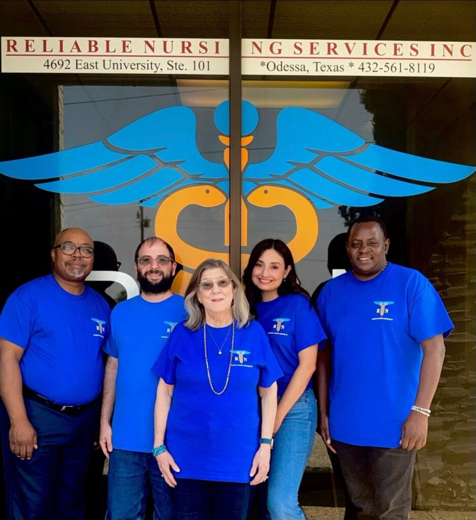 A group of team members from Reliablenursingservices stand together, looking friendly and ready to help in Odessa, TX.