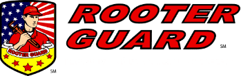 Logo for Rooter Guard, featuring an illustrated plumber holding a wrench, shield emblem, and the text "Plumbing and Drain Cleaning Experts" in white below the company name.