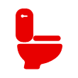 Red icon of a toilet with the lid and tank visible, shown on a black background.