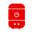 A red icon of a water heater with a gauge in the center and two small outlets at the bottom on a black background.