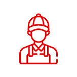 Red line drawing of a person wearing a hard hat and apron, representing a construction or industrial worker, on a black background.