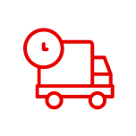 Red outline icon of a delivery truck with a clock symbol on its cargo area, indicating express or scheduled delivery, on a black background.