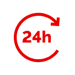 Red "24h" text with an arrow forming a clockwise circle around it, symbolizing 24-hour service or availability, on a black background.