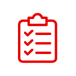 Red outline icon of a clipboard with three check marks and lines, indicating a checklist or to-do list, on a black background.