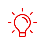 Red outline of a light bulb with rays radiating outward, symbolizing an idea or inspiration, on a black background.