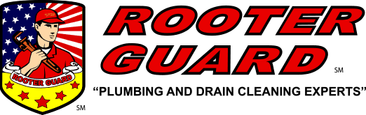 Rooter Guard logo featuring a plumber holding a wrench, shield with stars and American flag motifs, and bold red text on a black background.