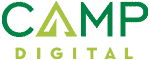 Logo for "Camp Digital" with the word "CAMP" in uppercase green letters, where the "A" is stylized as a triangle; "DIGITAL" is below in smaller, spaced-out letters.