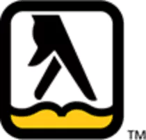 A black symbol resembling fingers walking on the yellow pages of an open book, set inside a black-outlined square with a yellow base.