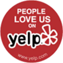 Red circular badge with the text "People Love Us on Yelp" and the Yelp logo, with the website address "www.yelp.com" at the bottom.