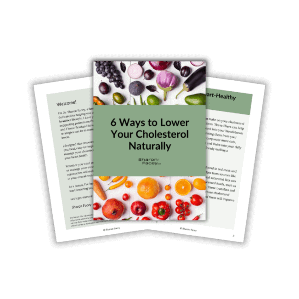 Free guide: '6 Ways to Lower Your Cholesterol Naturally' displayed on a clean background. The cover features a heart-healthy design, emphasizing plant-based nutrition for lowering cholesterol. Two additional pages peek out, showcasing science-backed tips, whole food meal ideas, and practical steps to reduce LDL cholesterol naturally. Perfect for women over 40 looking to improve heart health, manage menopause symptoms, and prevent heart disease with a sustainable, whole food, plant-based diet.