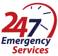 Logo With Text &Quot;24/7 Emergency Services&Quot; And A Stylized Red Clock.