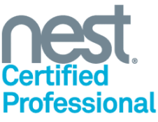 Logo With The Words &Quot;Nest Certified Professional&Quot; In Gray And Blue Text On A White Background.