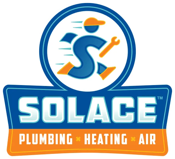 Logo for Solace Plumbing, Heating, and Air featuring a stylized figure holding a wrench, with blue and orange colors.