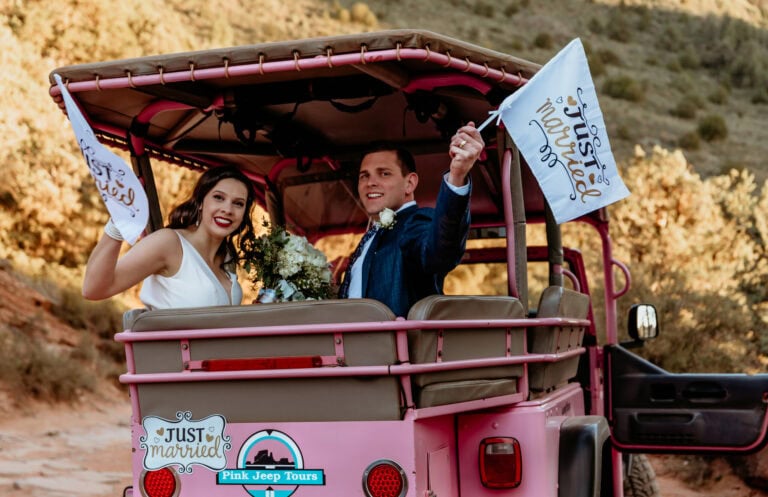 Bobbie & Kasey’s Pink Jeep Tour Sedona Wedding with Family & Flower Pup