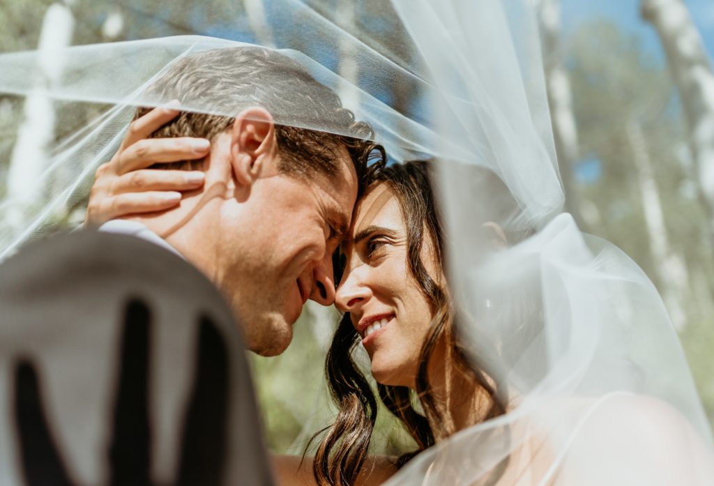 Bride gazing at groom from under her veil