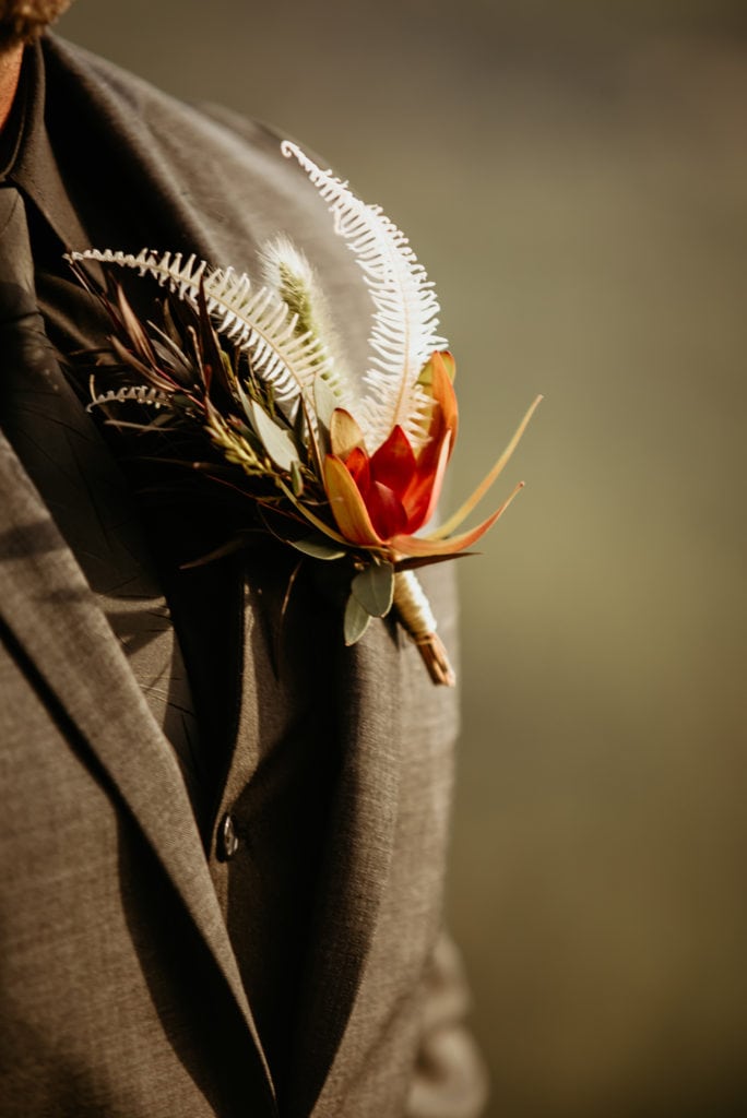 Unique boutonniere with fern like tufts and bright red flower