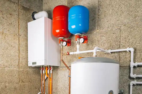 A boiler room setup with a white boiler unit, two expansion tanks (red and blue), and a water storage tank, connected by copper and PVC pipes against a stone wall.