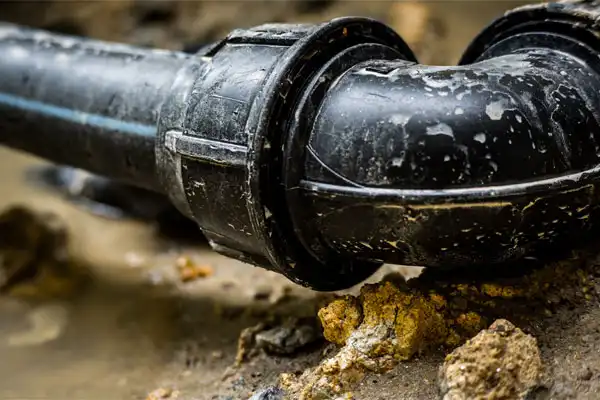 Close-up of a black plastic pipe with a curved joint, partially covered in mud, laid on rocky ground.