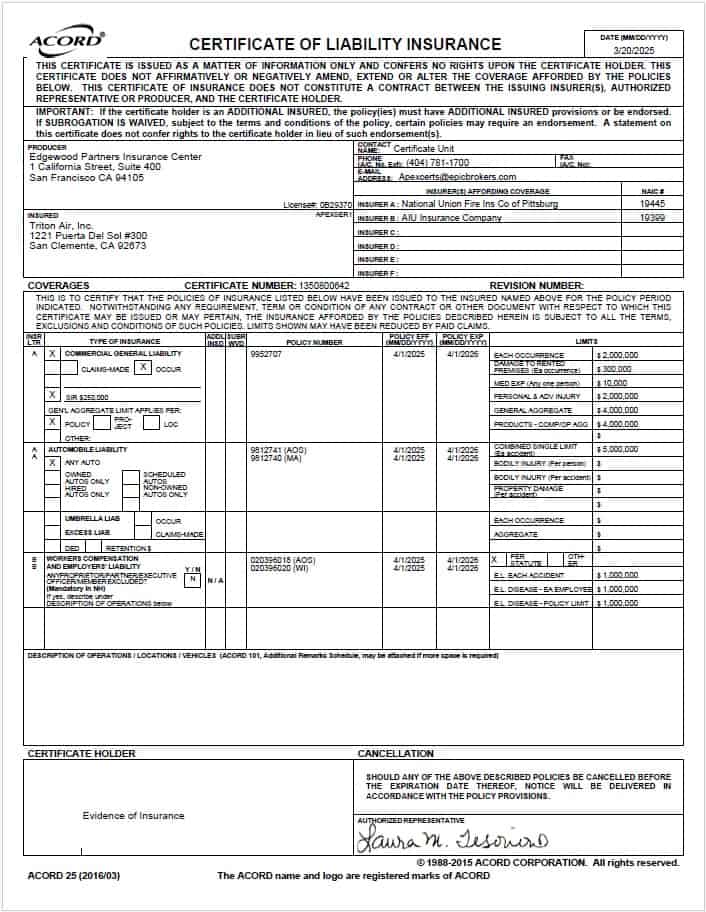 Certificate of liability insurance form listing insured, insurer, policy numbers, coverage limits, effective dates, and certificate holder information, signed and dated at the bottom.