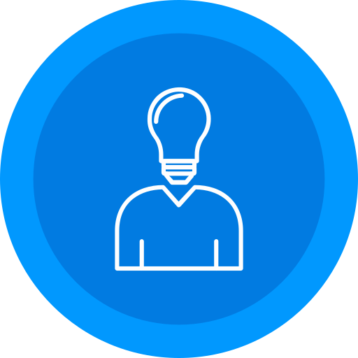 A blue circular icon featuring a white outline of a person with a light bulb as a head, symbolizing creativity and innovative ideas in paving or concrete construction for any construction company.