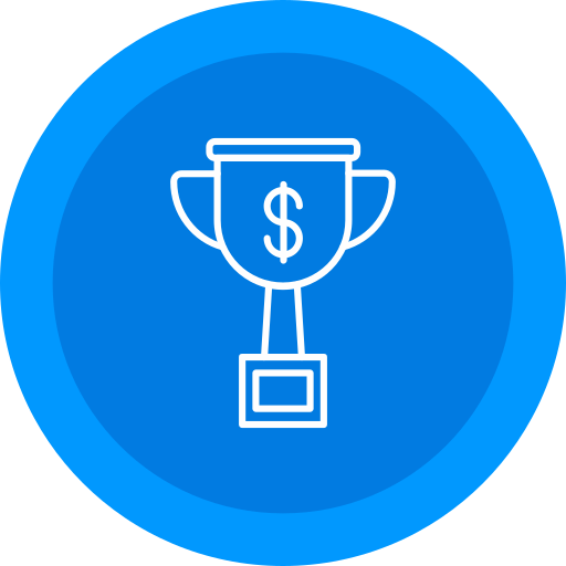 A blue circular icon featuring a white outline of a trophy with a dollar sign on it, symbolizing financial reward or monetary prize in concrete construction or paving projects.