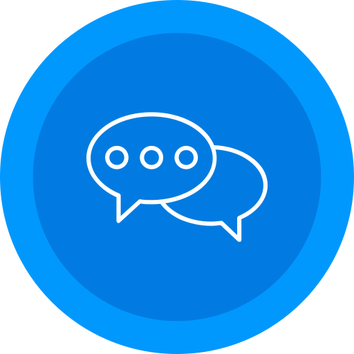 A blue circular icon with two overlapping white speech bubbles in the center, symbolizing communication or messaging for a construction company or paving business.