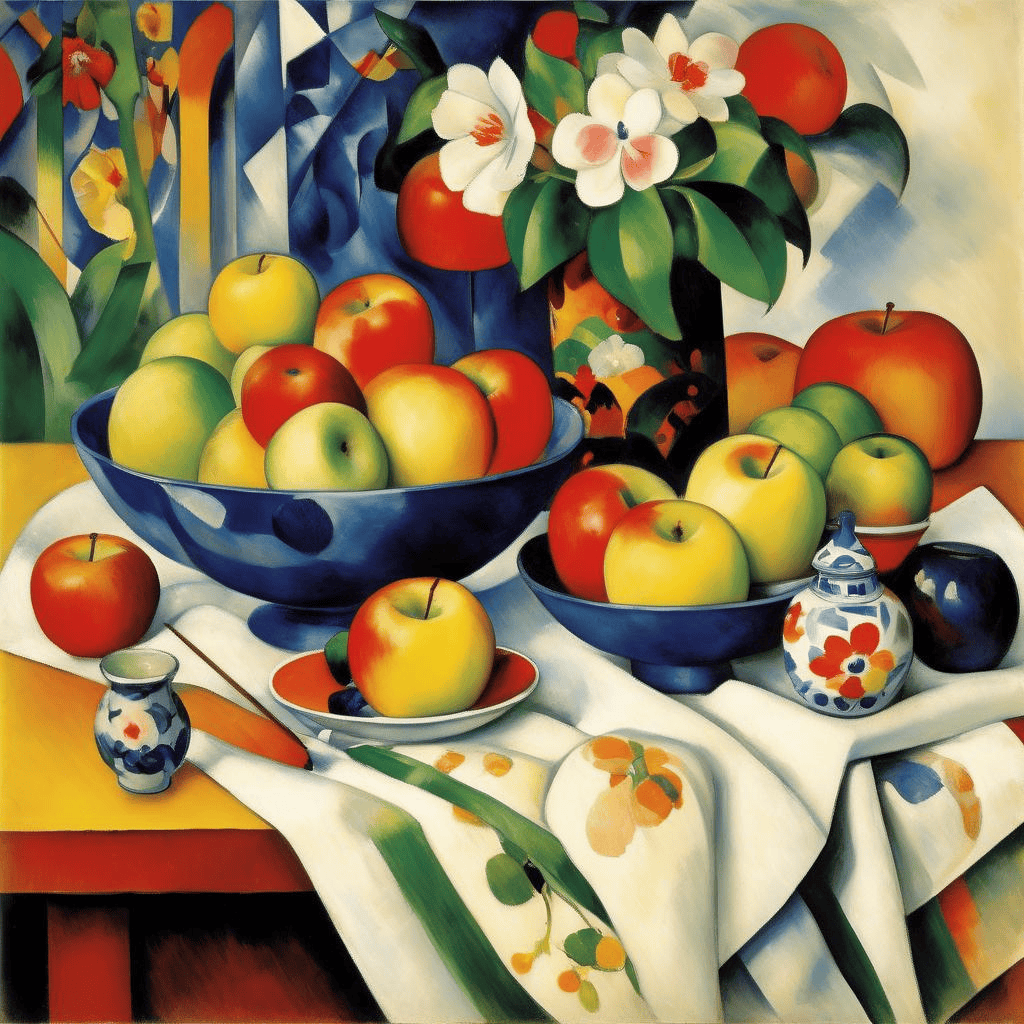 Still life with bowl of apples and Japanese fan – August Macke