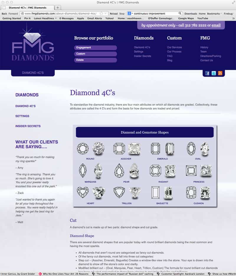 Educational section of jewelers website, explaining qualifications of diamonds.