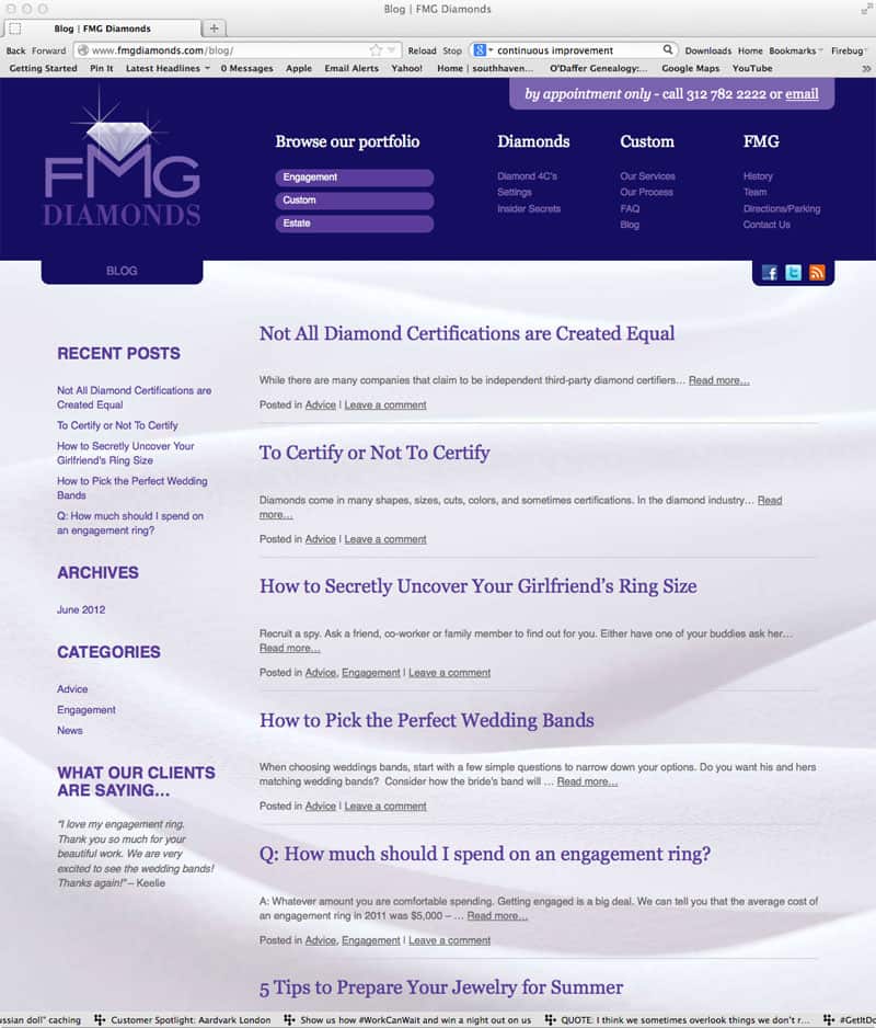 Blog landing page for diamond wholesaler website.