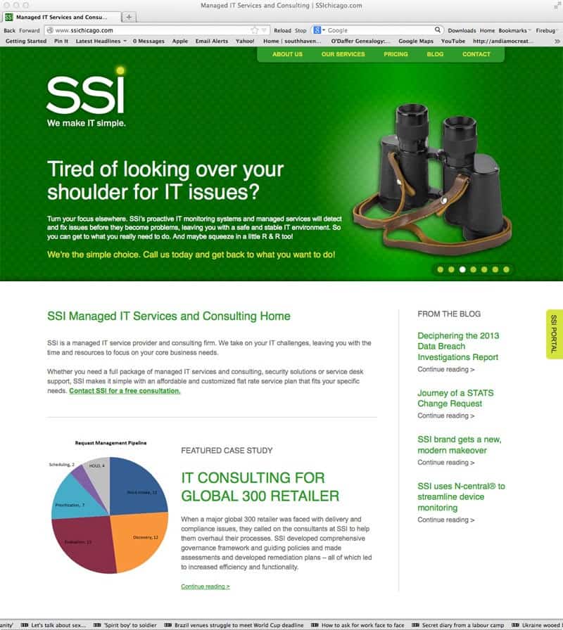 SSI Website home page featuring binoculars and tagline.