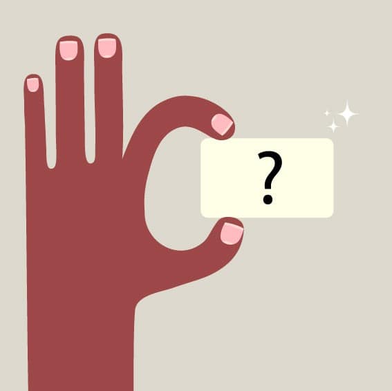 Illustration of hand holding up a business card with a question mark.