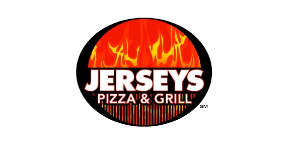 Jerseys Pizza and Grill logo featuring flames and a grill top.