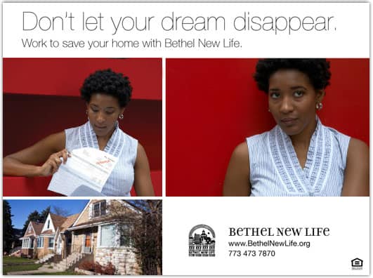 Print ad for Bethel New Life featuring a woman considering moving house.