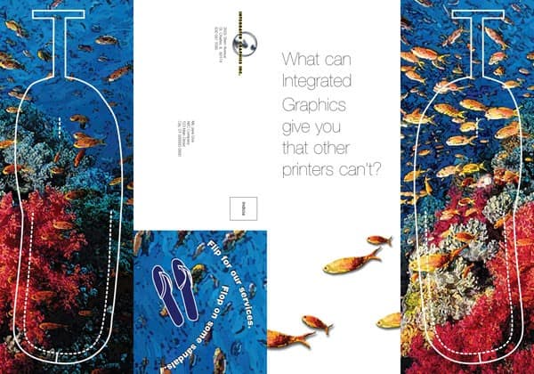 Gatefold brochure exterior, featuring cut out flip-flop shoes and custom coral reef illustration.