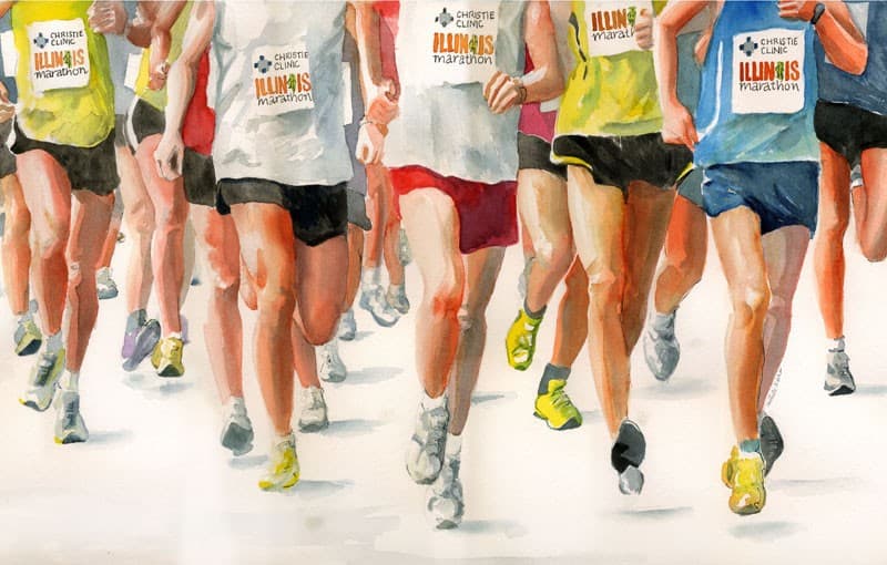 Watercolor illustration of a foot race for Illinois Marathon promotion.