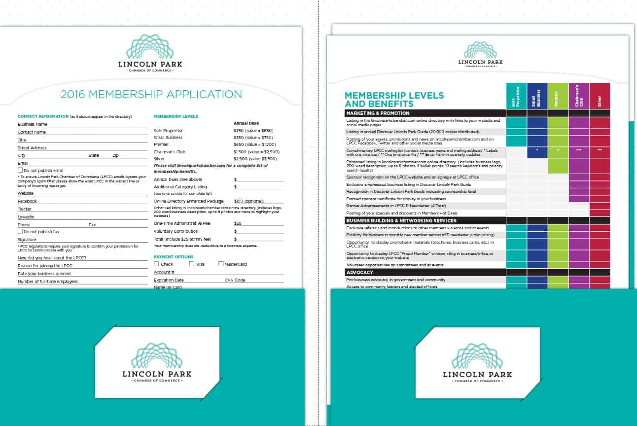Interior spread of two pocket folder, showing pocket inserts and tipped in business cards.