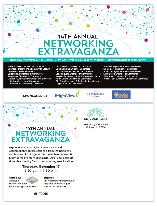 Promotional postcard for joint chamber networking party.