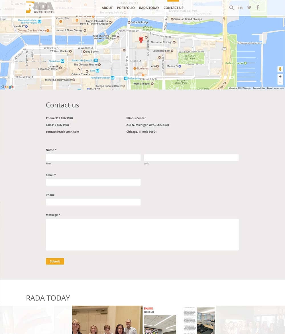 Contact page design for Rada Architecture featuring a contact form and map/directions.