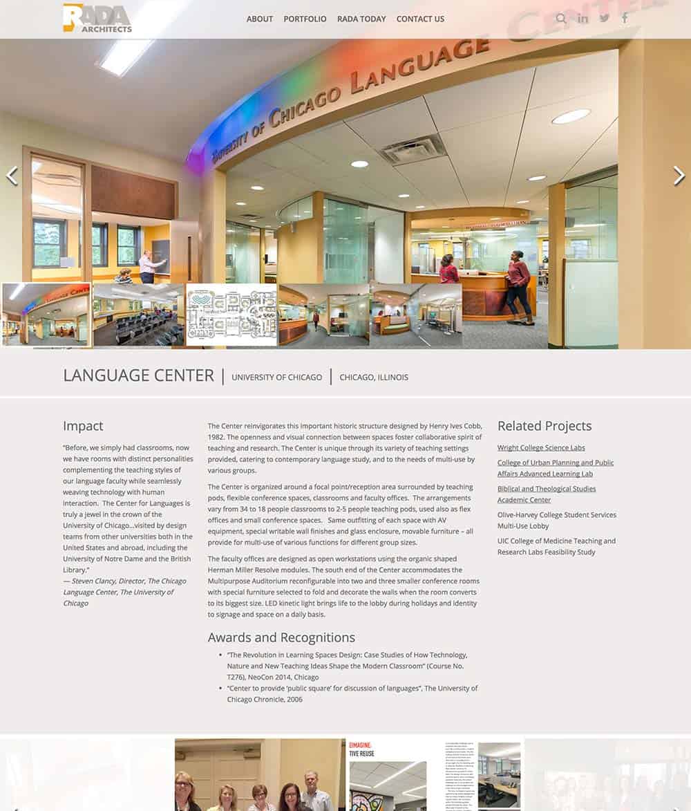 Sample project page layout from the Rada Architecture website design project.