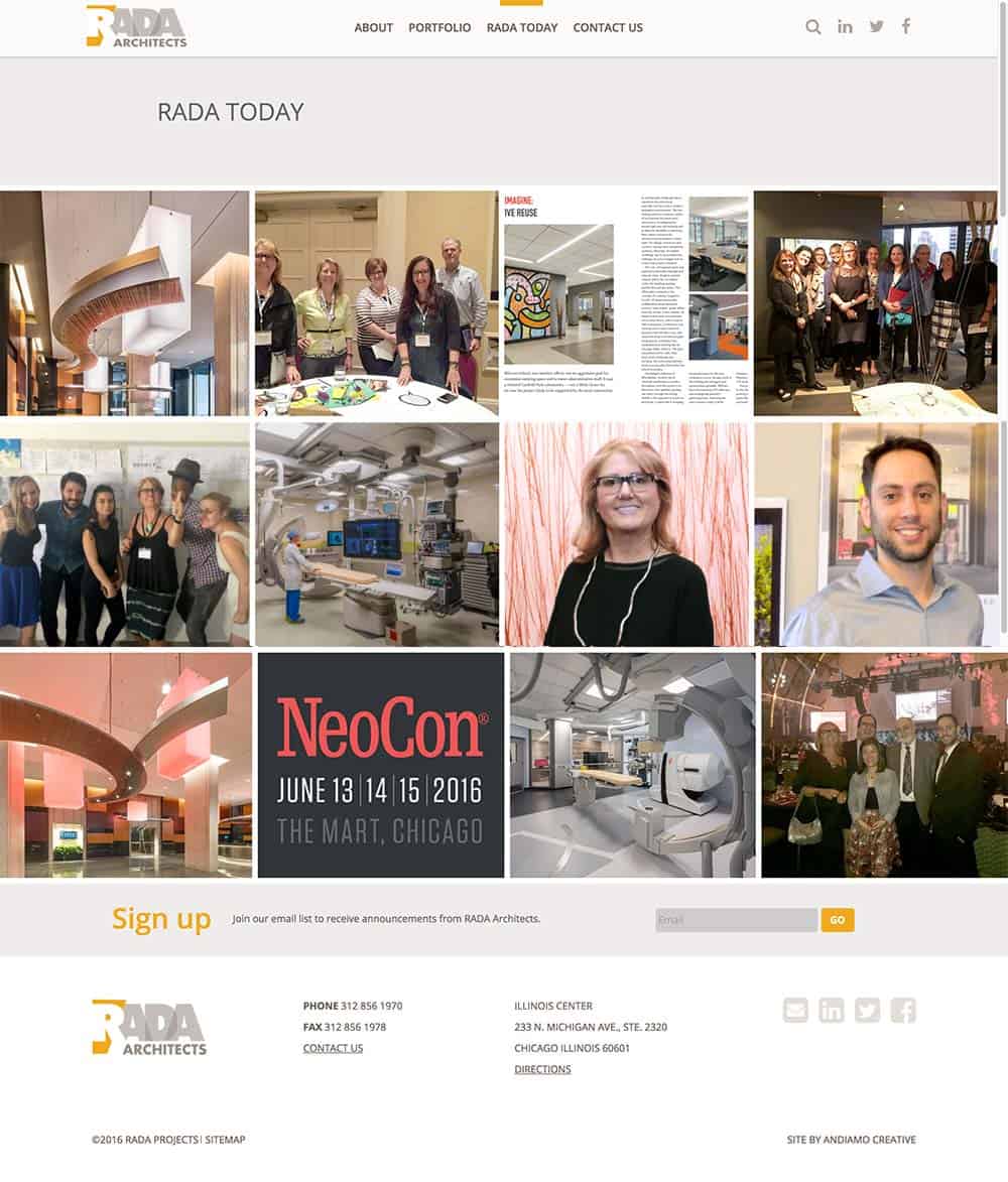 Landing page design for the news section of Rada Architecture.