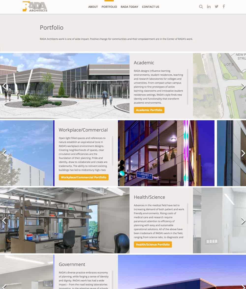 Landing page design for the Rada Architecture portfolio of work.