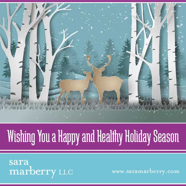 Digital holiday greeting card featuring illustration of doe and stag.